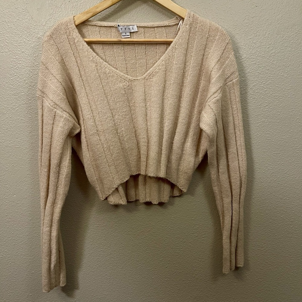 HYFVE Cropped Fuzzy Sweater Wide Ribbed Beige‎ Brown Y2K Cozy Cabin Sz S